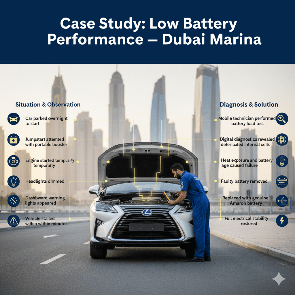Case study infographic showing a Lexus RX in Dubai Marina with a technician replacing a degraded battery, and key situation, observation, diagnosis, and solution points displayed on sides.