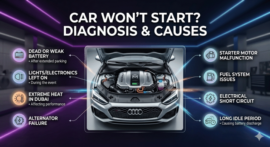 Common Causes of Car Stuck After Event in Dubai User guide image showing common causes of car issues, with a premium car in the center and key causes listed on both sides in a modern infographic style.