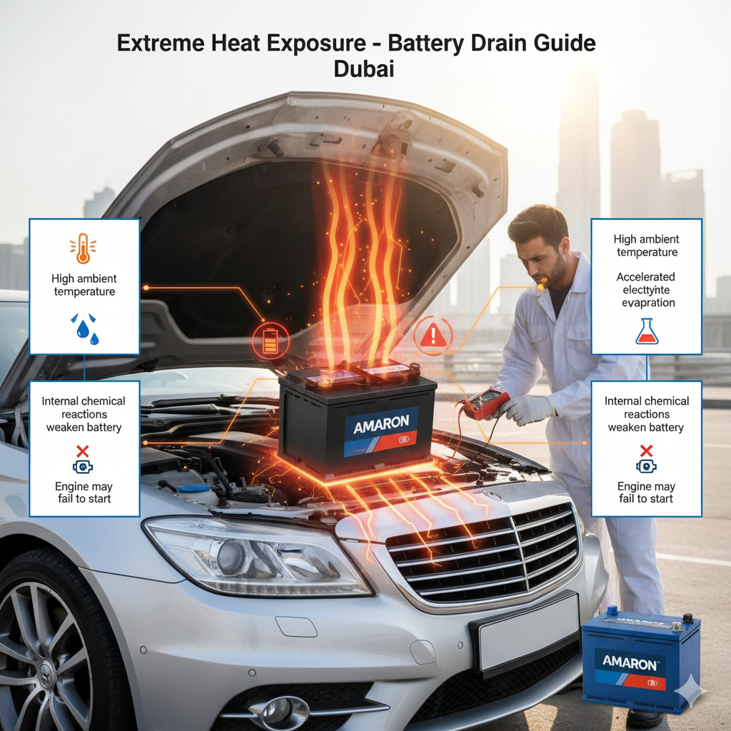 Extreme Heat Exposure – Battery Drain Guide Dubai Infographic showing how extreme heat exposure in Dubai accelerates battery electrolyte evaporation and internal chemical reactions, weakening the battery, with premium replacement option.