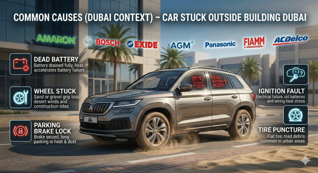 Common Causes (Dubai Context) – Car Stuck Outside Building Dubai Illustration of a car stuck outside a building in Dubai with dashboard battery alert. Key causes shown in side boxes: dead battery, wheel stuck, parking brake lock, ignition fault, tire puncture. Animated floating logos of premium battery brands (Amaron, Bosch, Exide, AGM, Panasonic, FIAMM, AC Delco) in background.