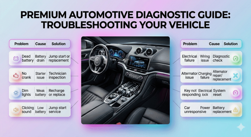 Quick Solutions for Battery Died at Hospital Parking Dubai User guide image showing a quick solutions table for battery problems with problem, cause, and solution displayed around a premium car in the center.