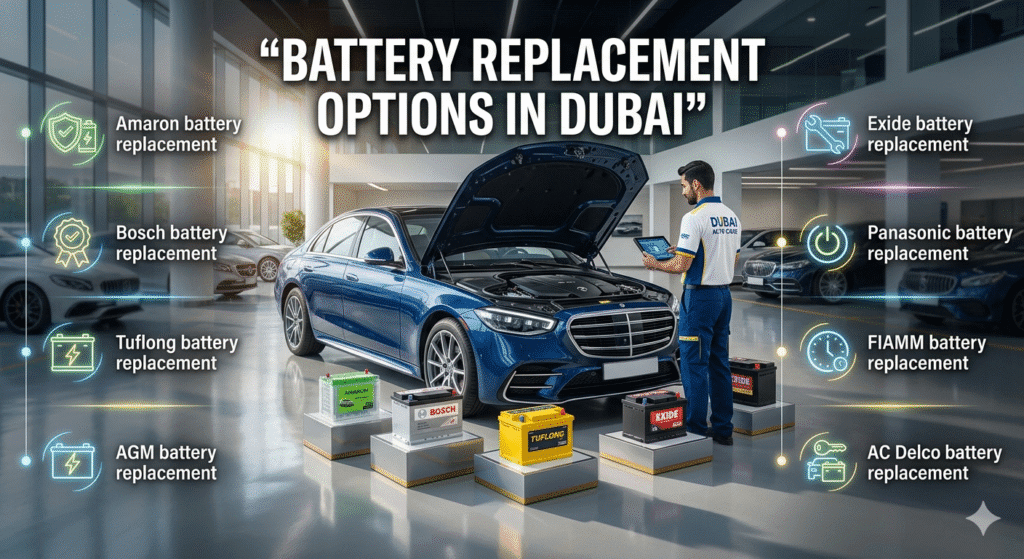 Different car battery replacement options in Dubai including Amaron, Bosch, AGM, and Exide
