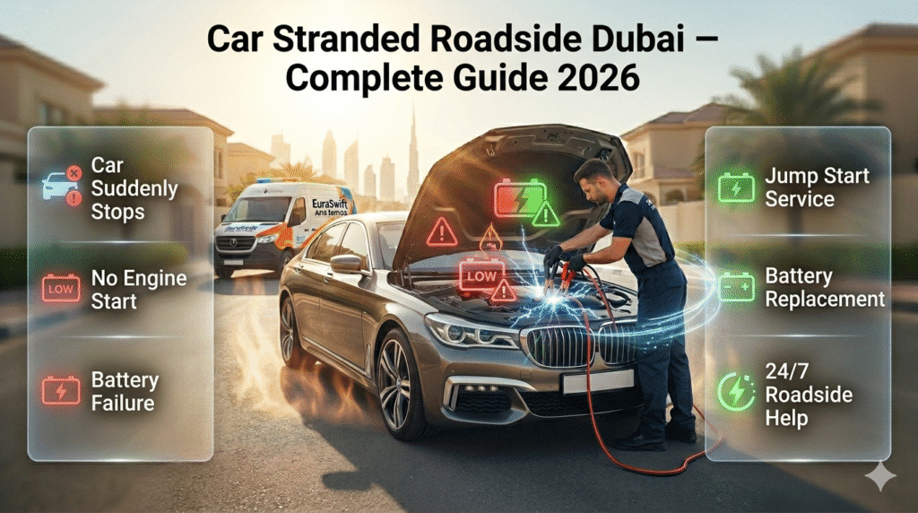 car stranded roadside Dubai showing breakdown and emergency roadside assistance service