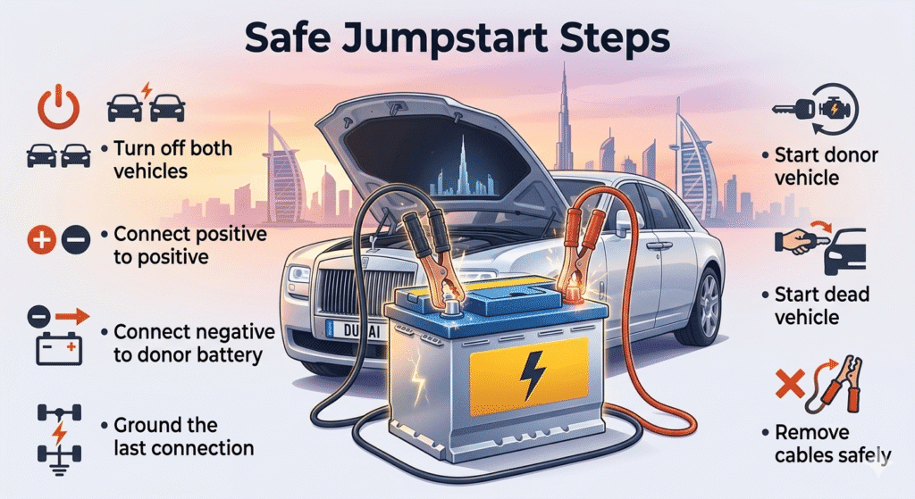 "Animated infographic showing the safe step-by-step jumpstart procedure in Dubai, with a central car battery and key steps displayed as bullet points on the sides."