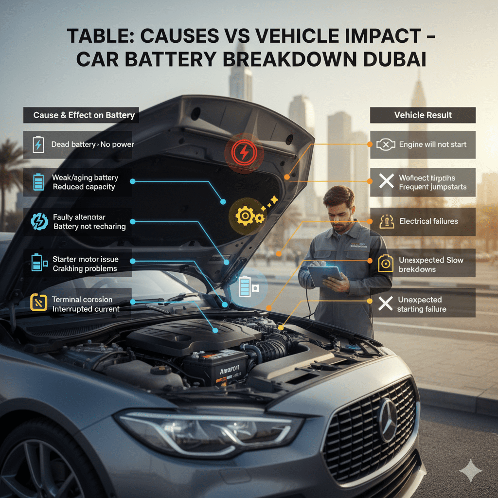 Nissan Patrol in Dubai experiencing battery breakdown; EuroSwift Auto Services technician inspects battery, alternator, and starter, cleans corroded terminals, and installs high-quality Amaron battery; preventive tips shown.
