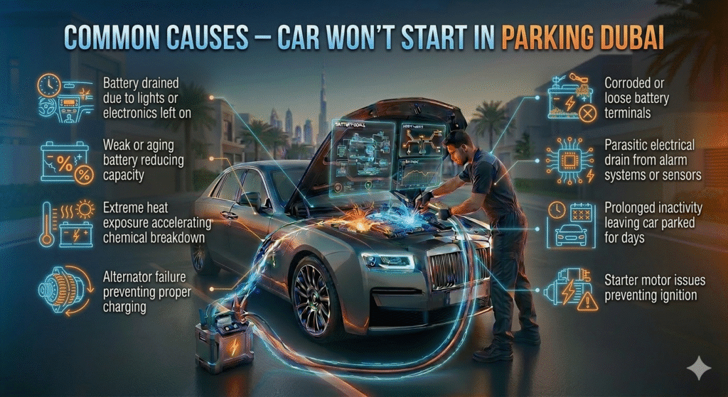 Luxury car in Dubai being jumpstarted by a technician, with animated infographic bullets showing common causes such as battery drain, weak battery, heat, alternator failure, corroded terminals, electrical drain, prolonged inactivity, and starter motor issues