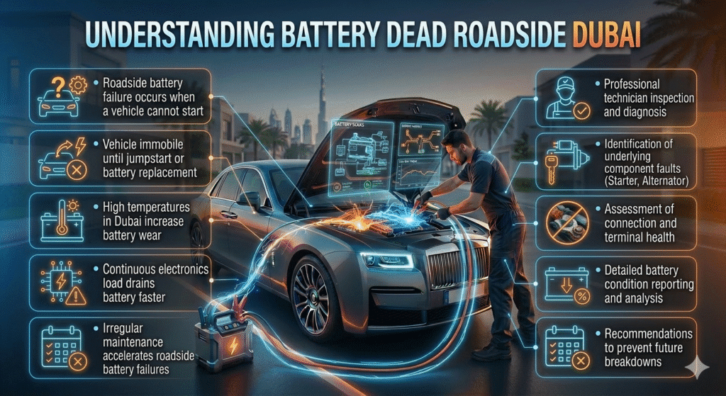 Understanding Battery Dead Roadside Dubai Luxury car in Dubai being jumpstarted by a technician with animated infographic bullets showing key causes and details of roadside battery failure