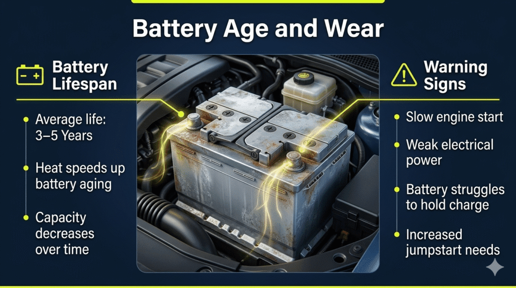 Battery Age and Wear – Car Battery Lifespan Guide Car battery age and wear showing reduced battery performance after 3–5 years with infographic explaining battery lifespan and warning signs.