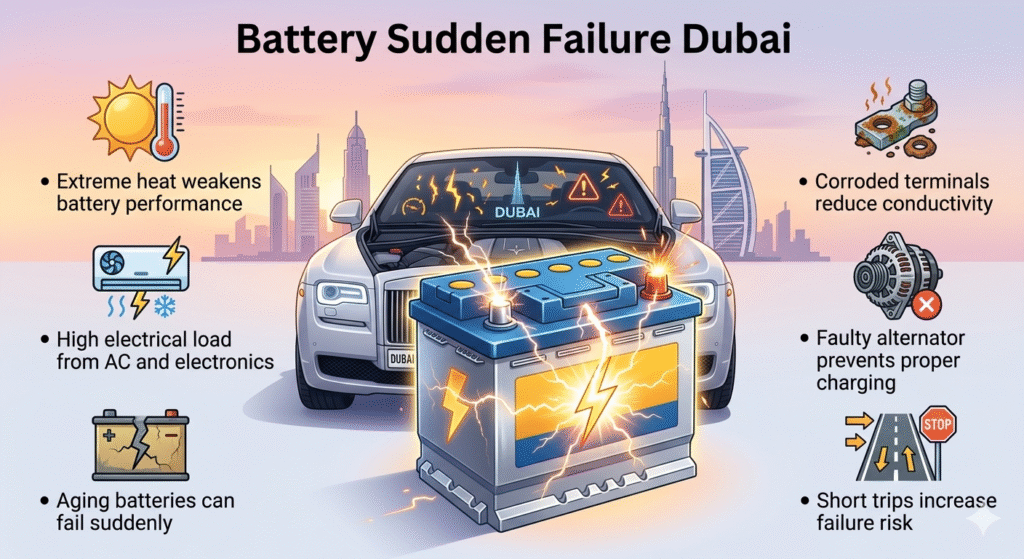 "Animated infographic showing sudden battery failure in Dubai, with a central car battery and branded car, and key causes and warning signs displayed as bullet points on the sides."