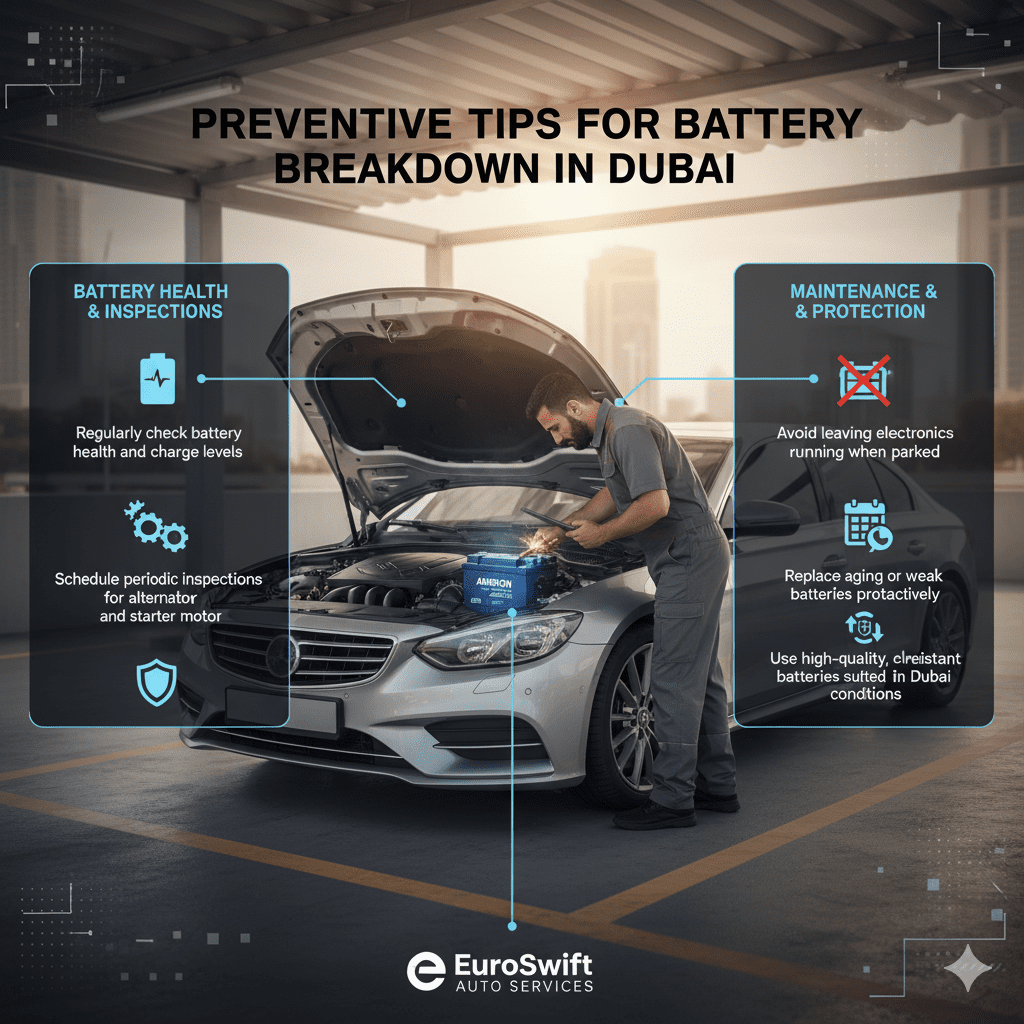 Infographic showing preventive tips for car battery breakdown in Dubai, including battery health checks, terminal maintenance, inspections, avoiding electronics drain, and using heat-resistant batteries.