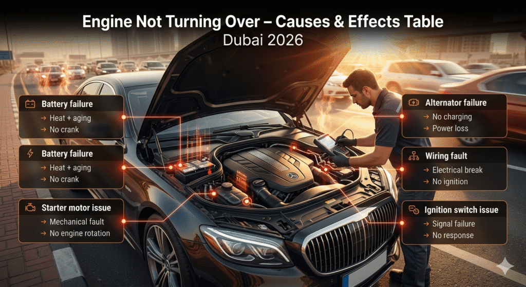 Infographic showing luxury car engine diagnosis in Dubai heat with structured causes and effects of engine not turning over displayed around.