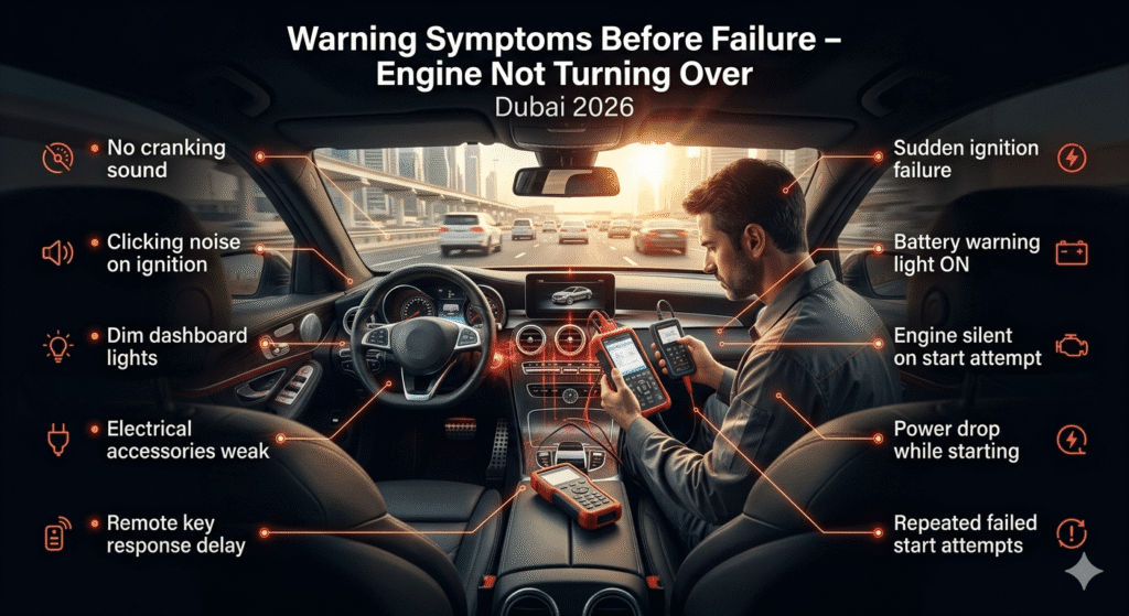 Infographic showing luxury car dashboard inspection in Dubai heat with warning symptoms of engine failure displayed around the image.