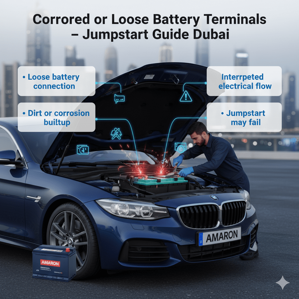 Infographic showing corroded or loose car battery terminals in Dubai preventing proper electrical flow during jumpstart, with premium battery replacement option.