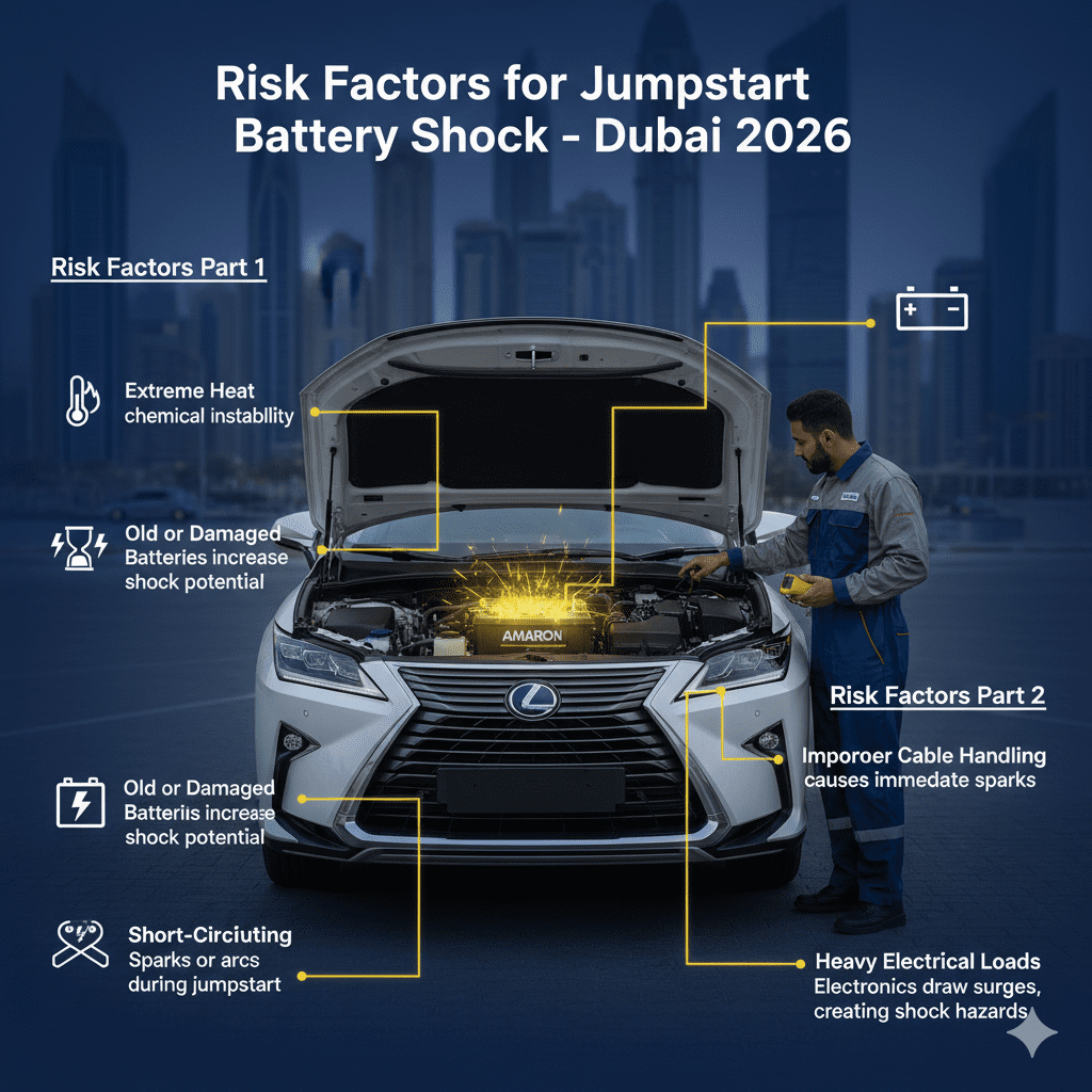 Infographic showing risk factors for jumpstart battery shock in Dubai, with a technician inspecting a car battery and key risks displayed on left and right sides.