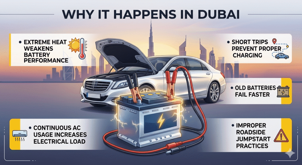 "Animated infographic showing a car battery being jumpstarted in Dubai with key reasons for battery overload displayed as bullet points on the sides."