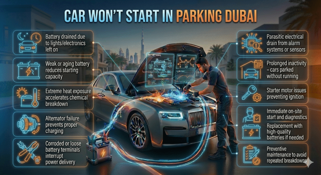 Luxury car parked in Dubai being jumpstarted by a technician with animated infographic bullets showing common causes, solutions, and preventive tips