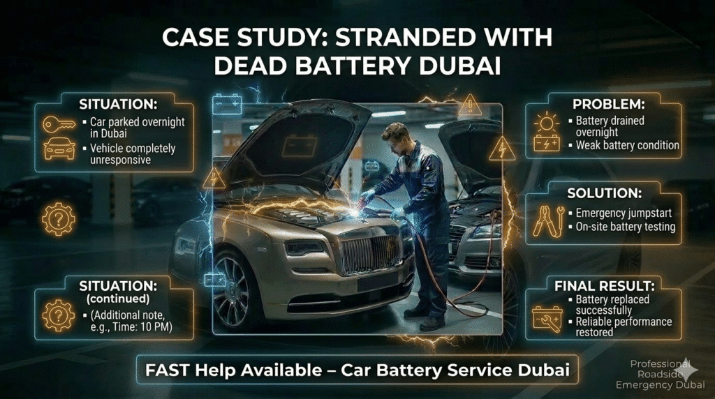 Case study of stranded with dead battery Dubai showing battery drain issue and successful replacement solution