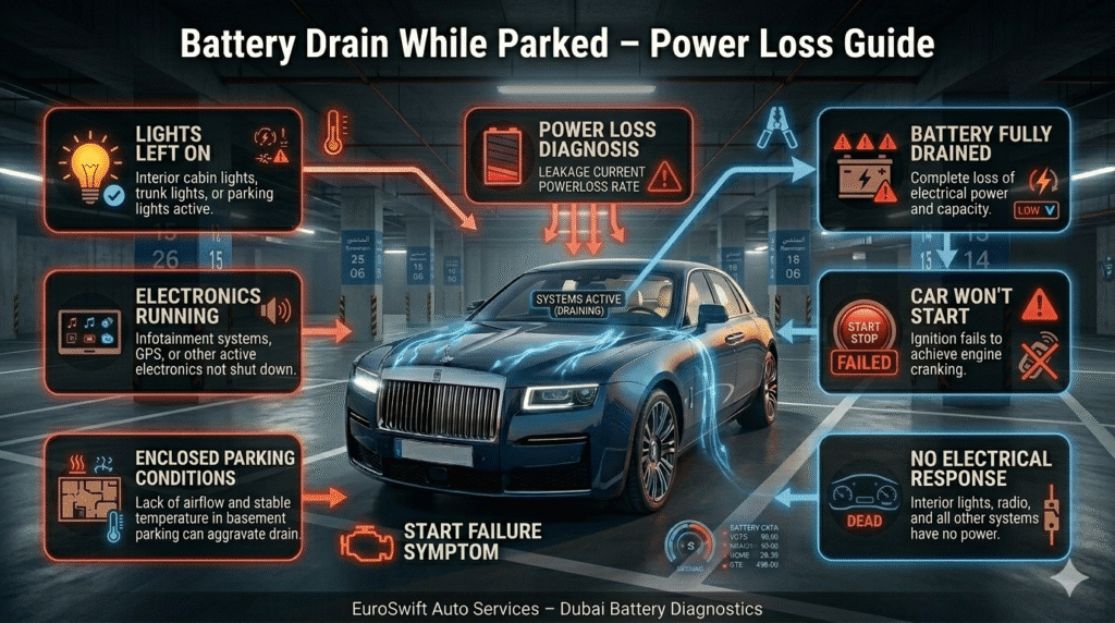 Car battery drain while parked in underground parking showing lights and electronics draining power leading to no start condition.