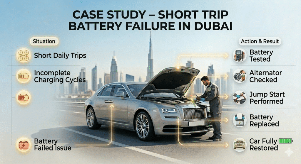 Case study of battery failed after short trips Dubai with diagnosis, jump start, and battery replacement