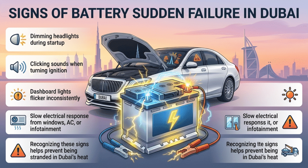 "Animated infographic showing the signs of sudden battery failure in Dubai, with a central car battery and luxury branded car, and key warning signs displayed as bullet points on the sides."