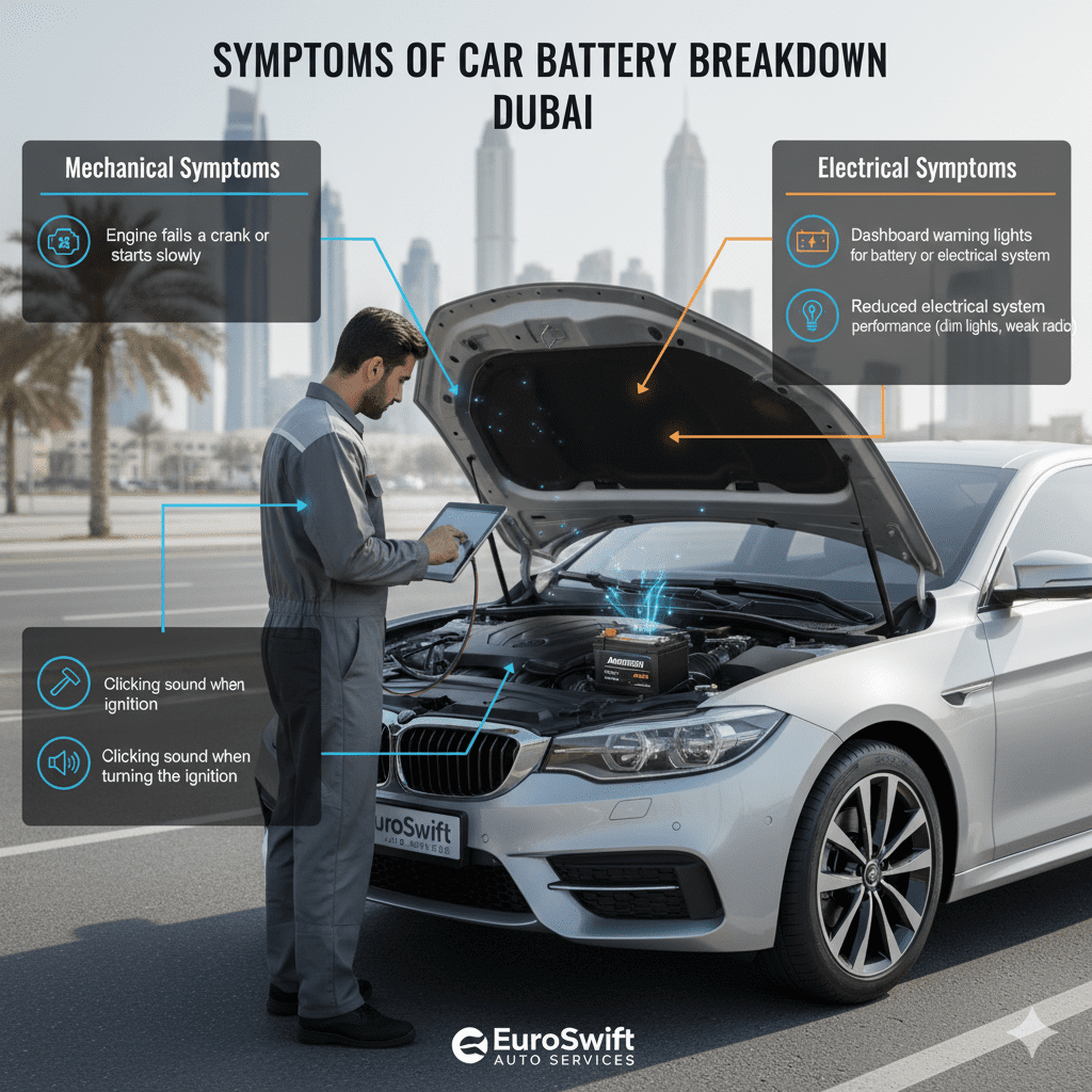 Symptoms of car battery breakdown in Dubai, showing engine fails to crank, clicking ignition, dashboard warning lights, frequent jumpstarts, and reduced electrical system performance with battery inspection.