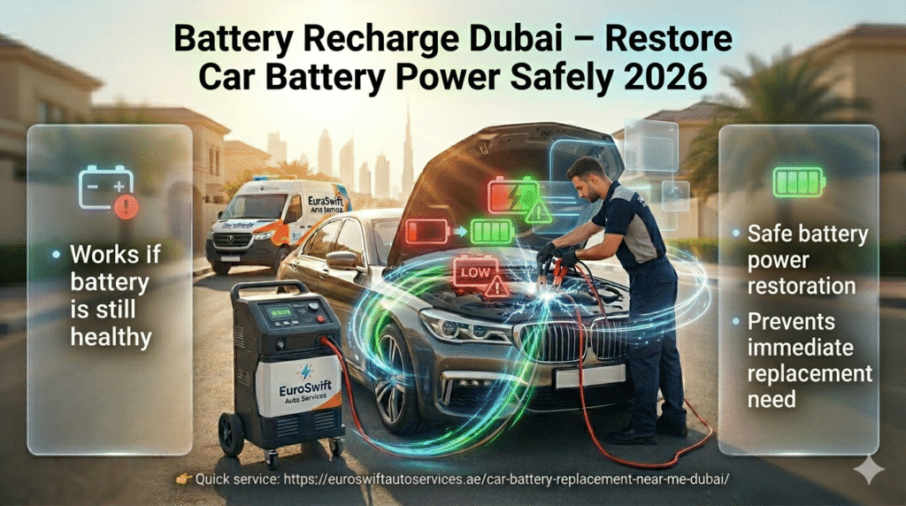 car battery recharge Dubai technician using smart charger to restore battery power in vehicle