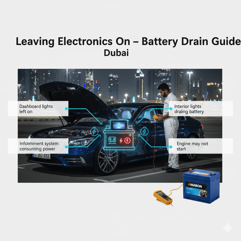 Leaving Electronics On – Battery Drain Guide Dubai Infographic showing how leaving dashboard lights, infotainment, and interior electronics on while parked in Dubai can completely drain a car battery, with premium battery replacement option.