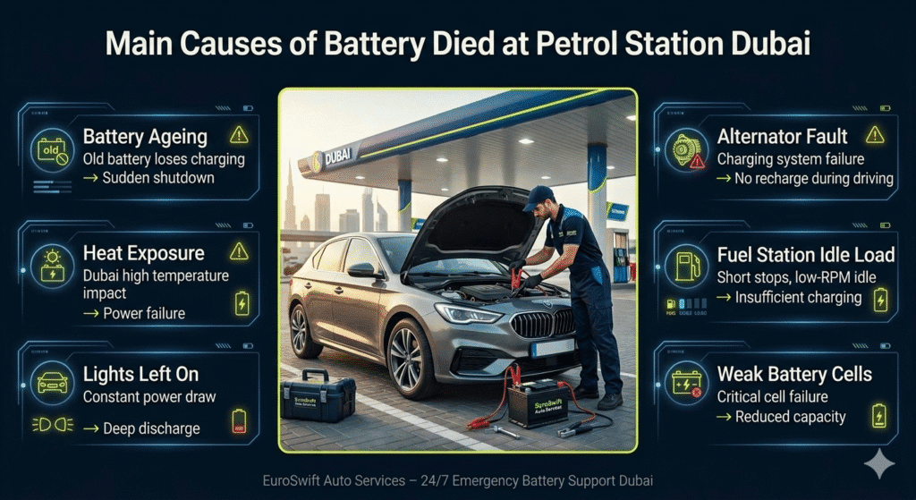 Infographic showing main causes of car battery failure at petrol station in Dubai with jumpstart service and emergency roadside assistance.