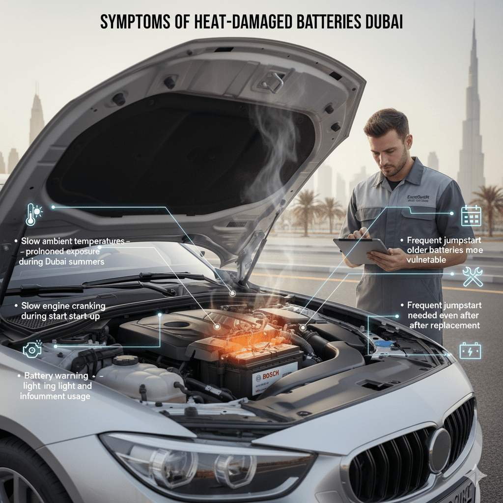 Symptoms of heat-damaged car batteries in Dubai showing slow engine start, battery warning light, frequent jumpstarts, and swollen battery casing with highlighted points.