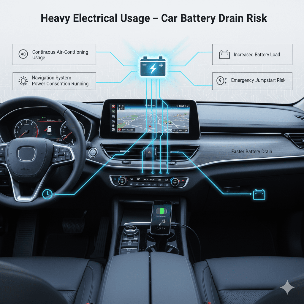 Infographic showing heavy electrical usage in a car causing battery drain and increasing the risk of jumpstart emergencies.