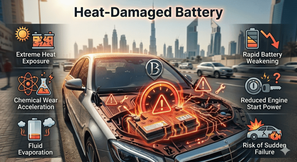 Luxury car in Dubai showing heat-damaged battery with chemical wear and fluid evaporation causing rapid weakening