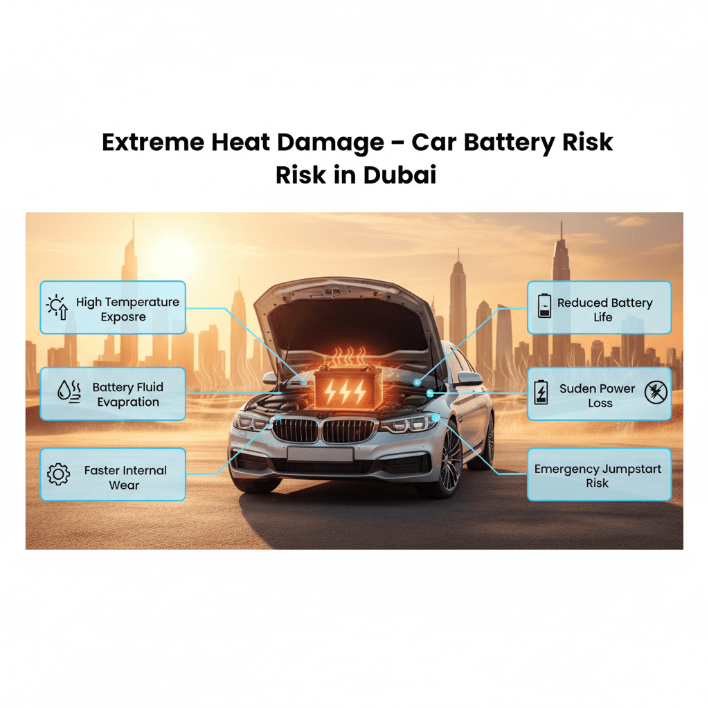 Extreme heat damage affecting a car battery in Dubai with infographic points explaining battery wear and power loss risks.