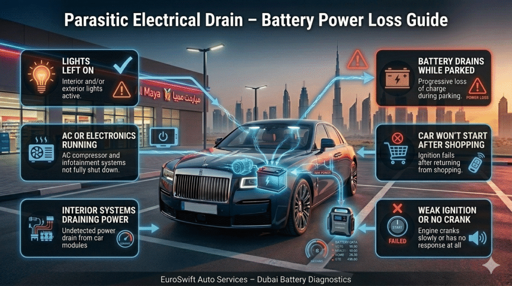 Car parasitic electrical drain diagram showing lights and electronics draining battery power while parked in Dubai supermarket causing battery failure.