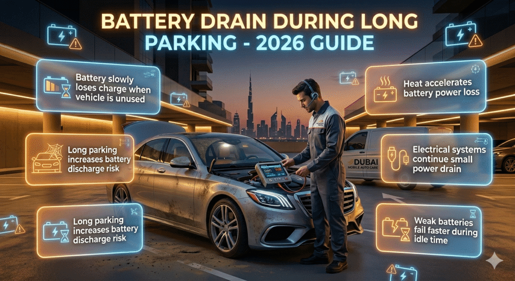 Luxury car in Dubai with a mobile mechanic checking battery health using a diagnostic tool, showing battery drain issues during long parking in a modern infographic style.