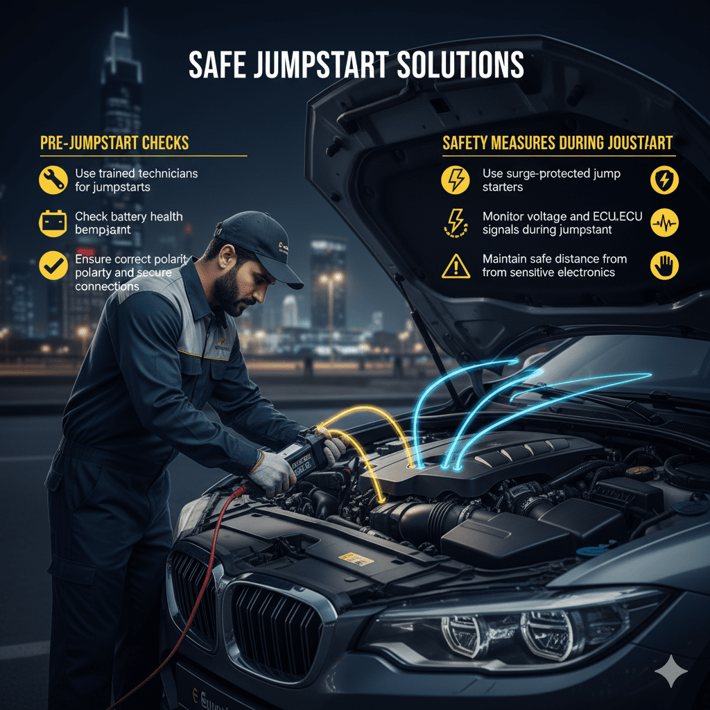 Infographic showing safe jumpstart solutions in Dubai, highlighting trained technicians, battery health checks, surge protection, and monitoring ECU signals.