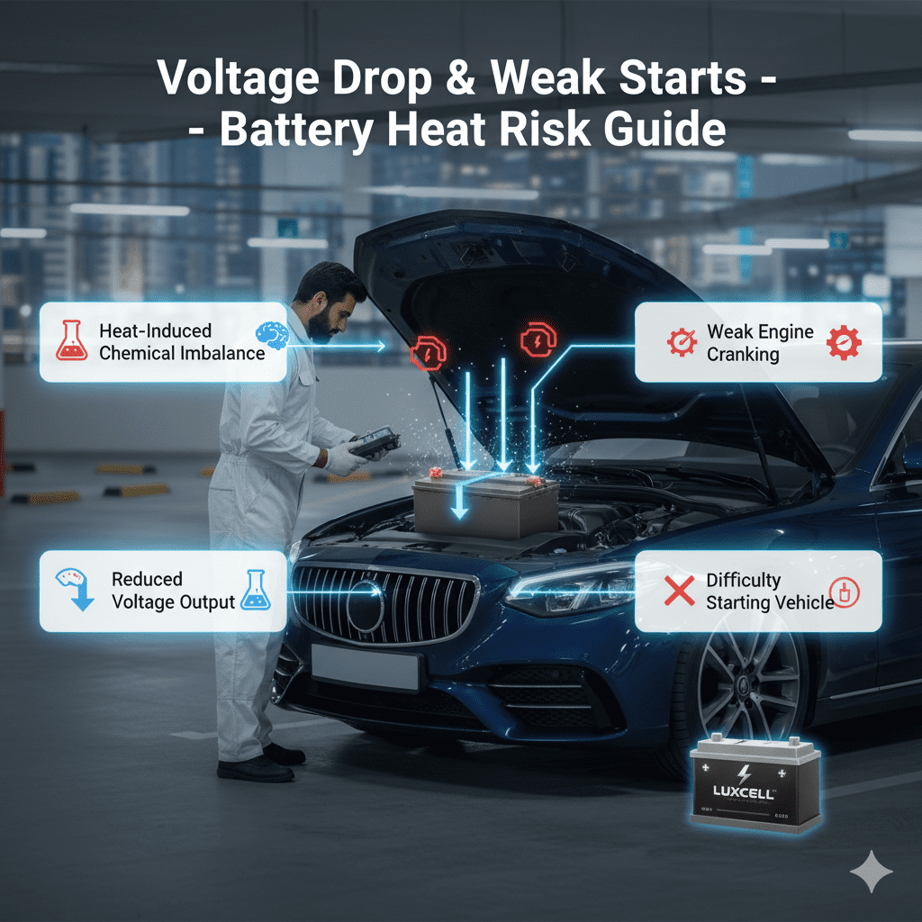 Voltage Drop & Weak Starts β Battery Heat Risk Guide Battery voltage drop and weak engine start infographic showing heat-induced chemical imbalance and low voltage with premium battery brand illustration.