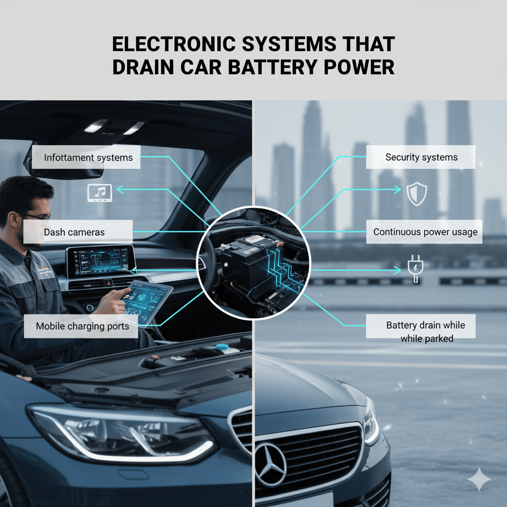 Electronic systems draining car battery power showing infotainment, dash cameras, charging ports, and security systems connected to a vehicle battery.