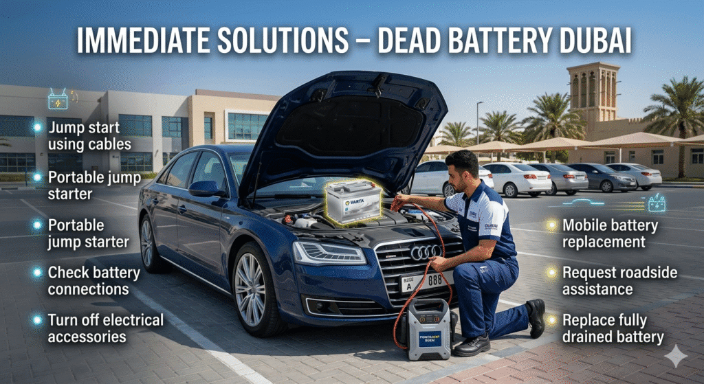 Immediate solutions for dead car battery in Dubai including jump start and roadside assistance