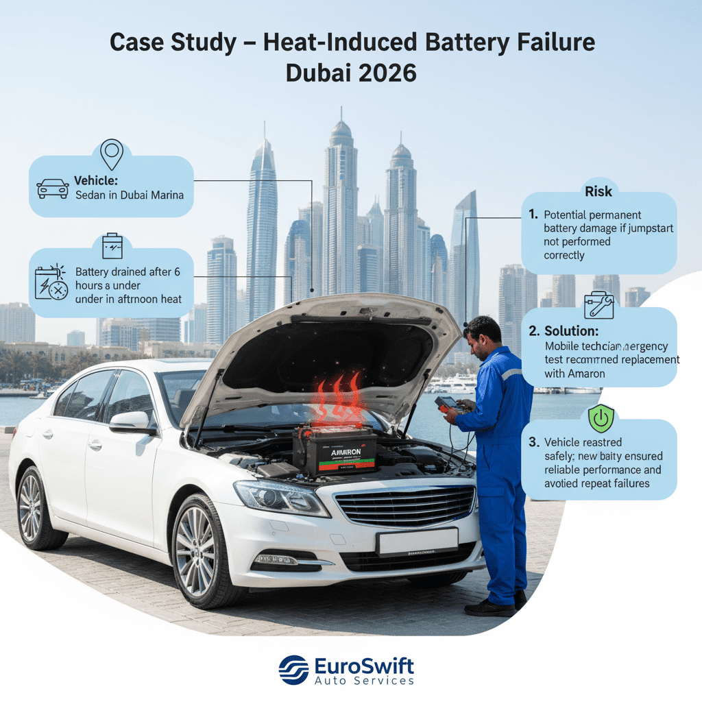 Infographic showing a Dubai Marina sedan with hood open and heat-drained battery, EuroSwift Auto Services technician performing emergency test, with side points detailing vehicle, condition, issue, risk, solution, and result.