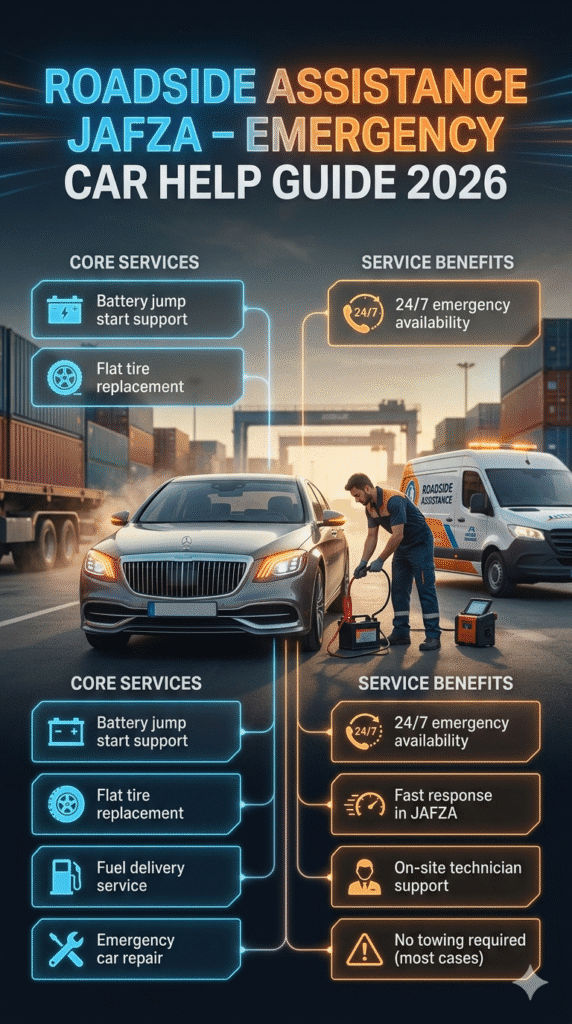 Cinematic infographic showing roadside assistance in JAFZA with car breakdown, mobile mechanic support, jump start, tire service, and emergency roadside help in Dubai industrial area.