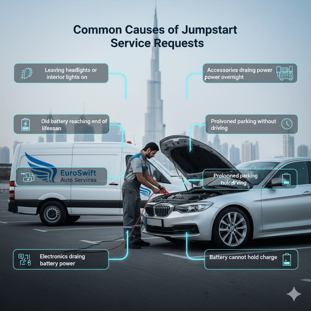 Common causes of jumpstart service requests showing a technician jumpstarting a car battery with key battery drain reasons displayed around the image.