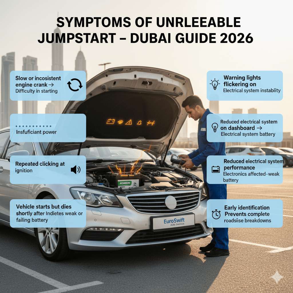 Infographic showing a car in Dubai with dashboard warning lights flickering, battery highlighted, a mobile technician inspecting, and side points describing slow engine crank, clicking ignition, and reduced electrical performance.