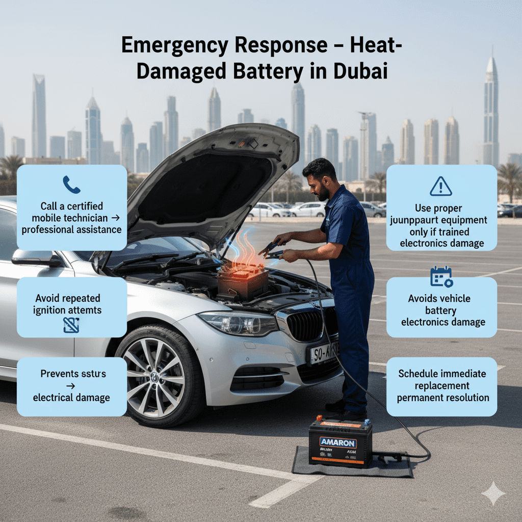 Infographic showing a car with a heat-damaged battery in Dubai, a mobile technician performing emergency jumpstart, and side points highlighting safe response steps.