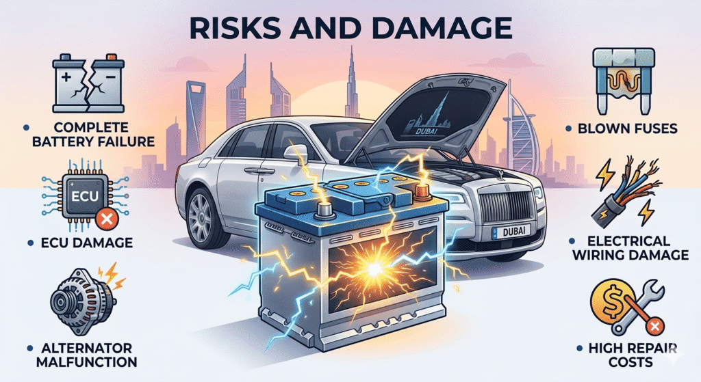 "Infographic illustrating the risks and damage caused by jumpstart battery overload in Dubai, showing a central battery with electrical sparks and bullet points listing key hazards."
