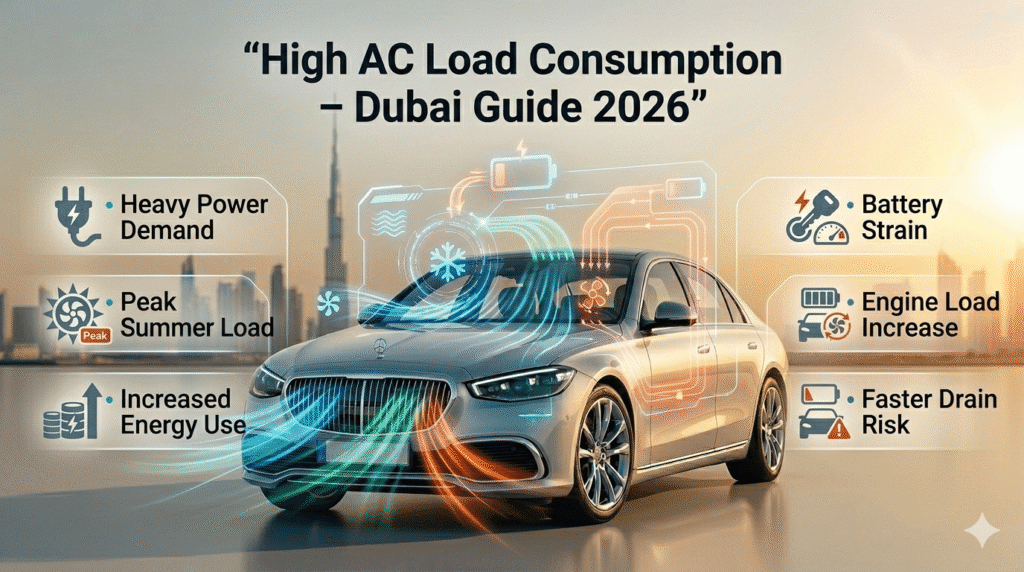 Car AC high load consumption in Dubai showing heavy power usage and battery strain