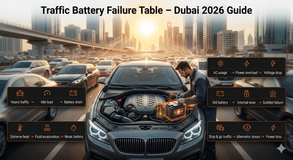 Infographic showing luxury car engine inspection in Dubai traffic with battery failure table converted into visual points around the image.
