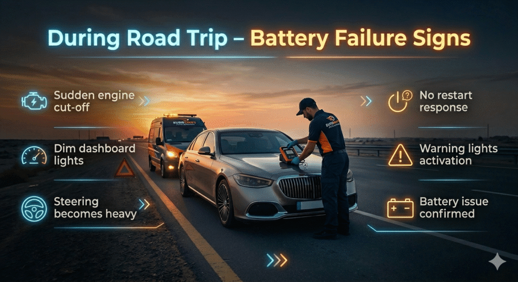 Road trip car battery failure in Dubai showing engine cut-off dim dashboard and roadside emergency assistance