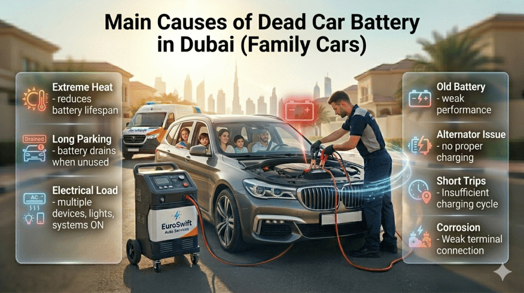 Family SUV in Dubai with technician inspecting battery while infographic highlights main causes of dead battery such as heat, long parking, and electrical load.