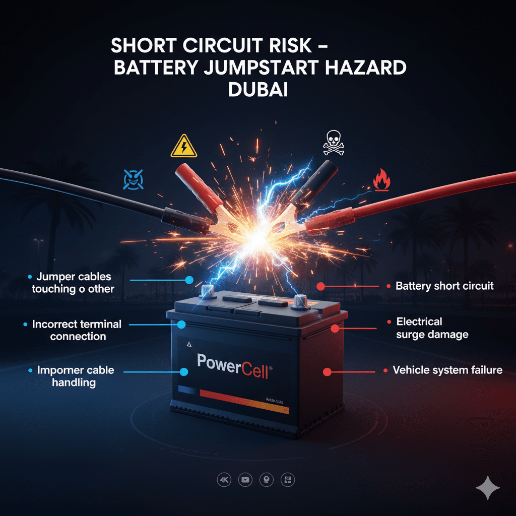 Short circuit risk during car battery jumpstart in Dubai caused by jumper cables touching or incorrect terminal connection.
