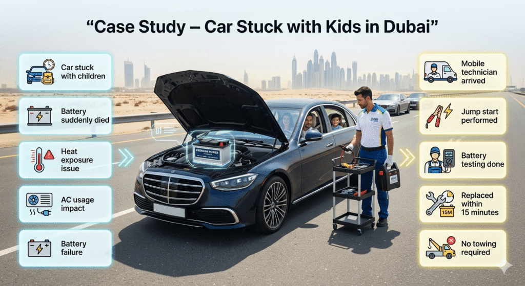 Case study of car stuck with kids in Dubai due to battery failure and quick replacement solution